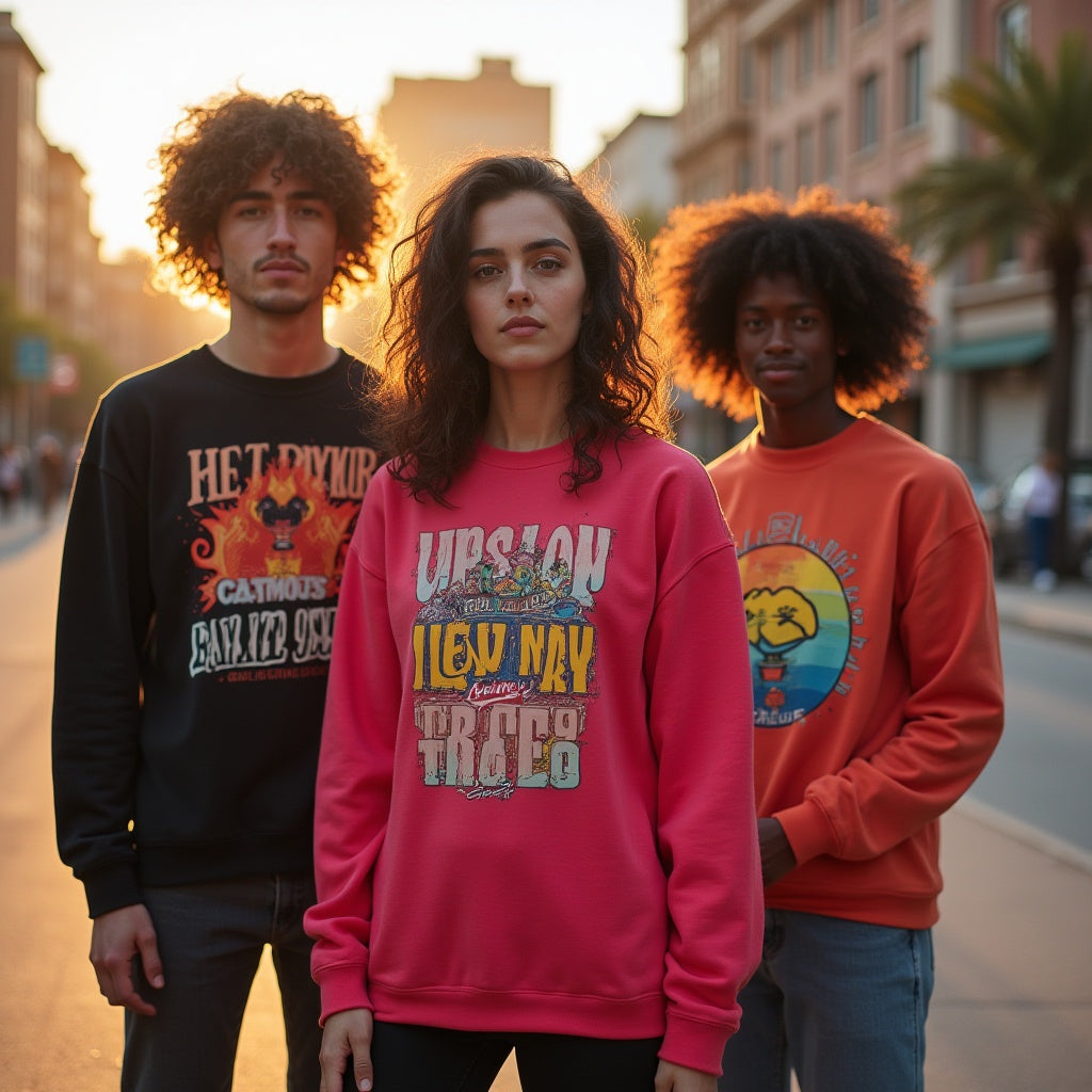 Stylish white sweatshirt featuring an artistic design with a woman, skulls, and roses, perfect for individual expression.
